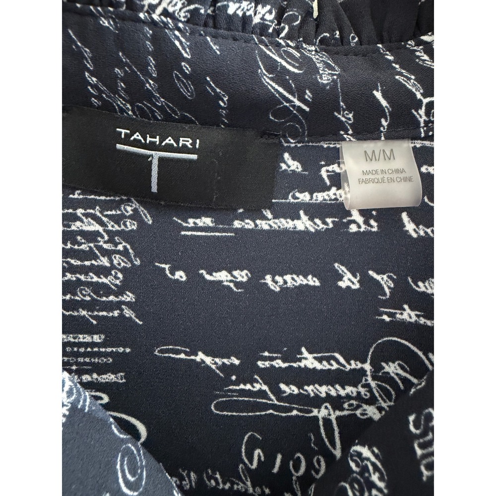 Tahari French Script Postmark Print Ruffle Cuff Blouse Black White Long Sleeve - Picture 6 of 11